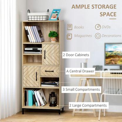 59" Storage Bookcase with Cabinets and Drawer, Natural Wood