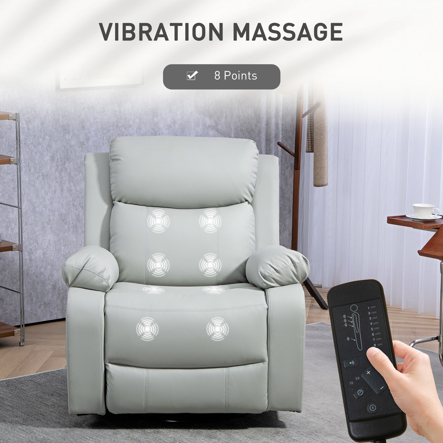 PU Leather Massage Recliner Chair with Swivel Base, Light Grey