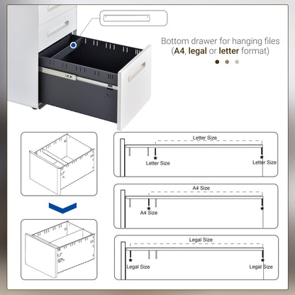 Lockable File Cabinet, Steel Filing Cabinet on Wheels for Legal, A4, Letter Size, Home Office