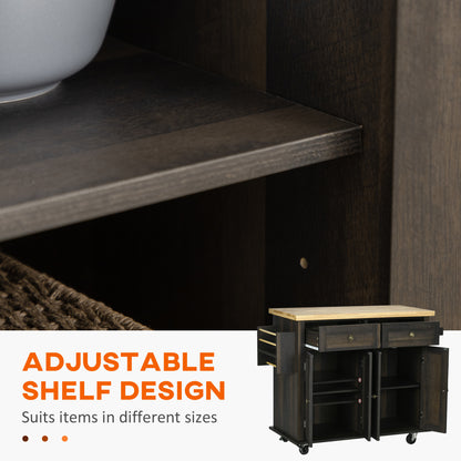 Rolling Kitchen Trolley with Rubber Wood Top and Spice Rack and Towel Rack, Brown