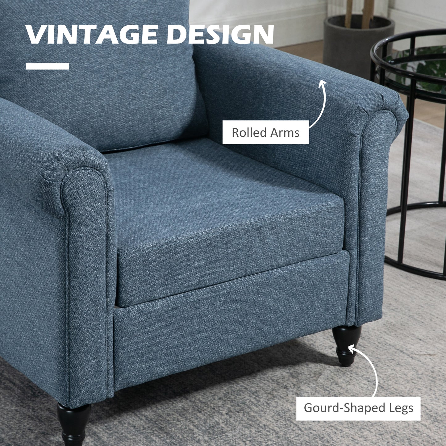 Vintage Armchair, Upholstered Accent Chair with Rolled Arms, Dark Blue