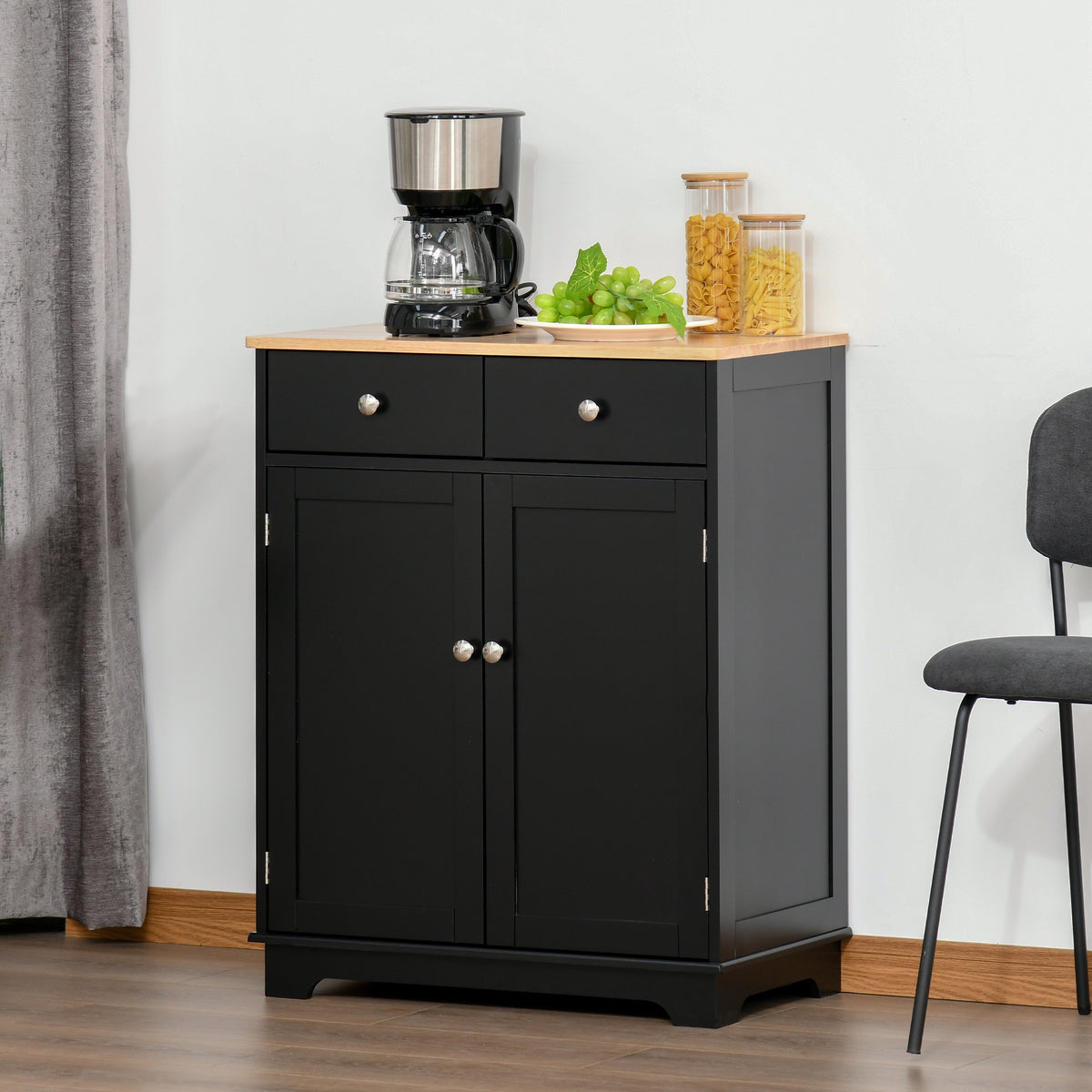 27" Sideboard Buffet Cabinet with Rubberwood Top, Black