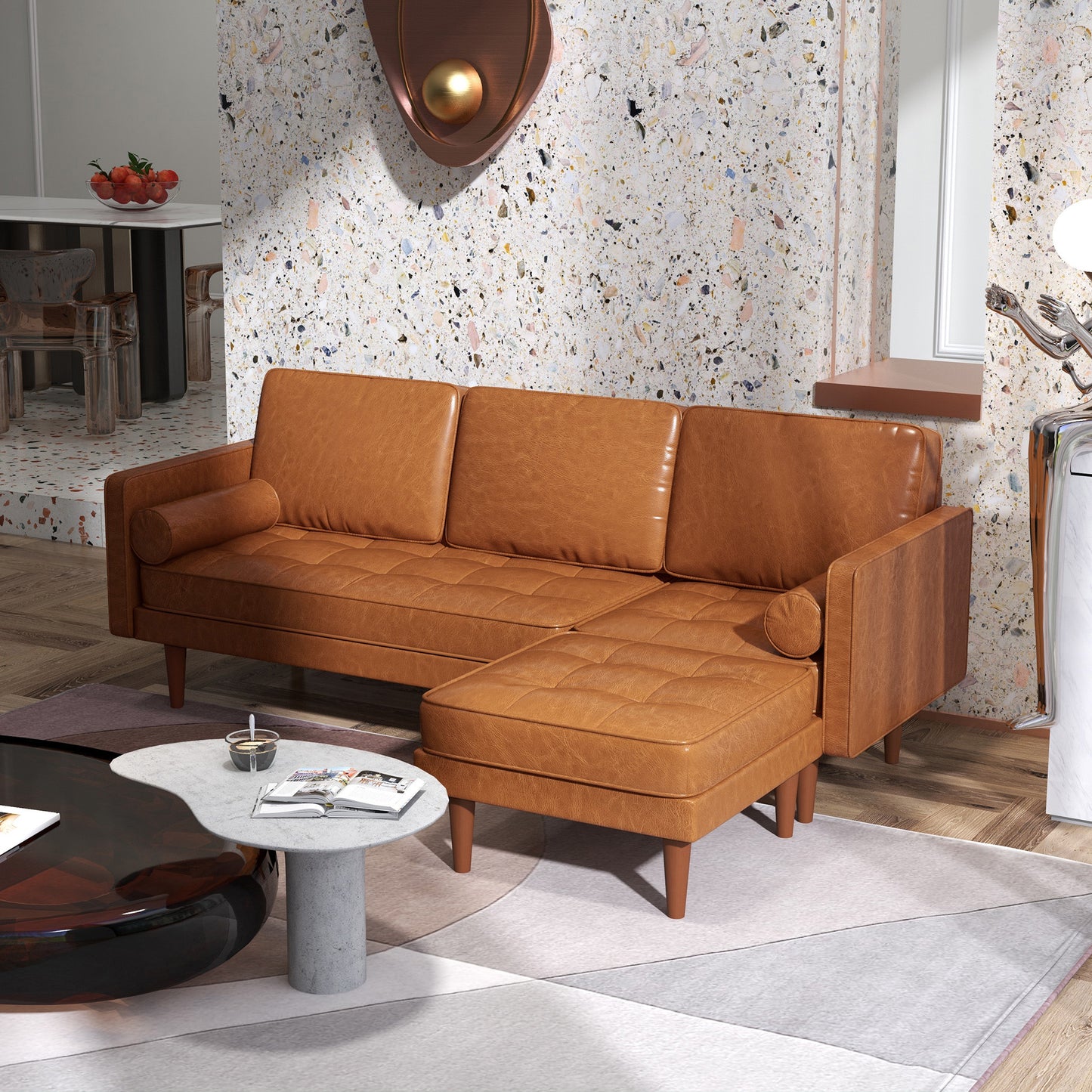 Faux Leather L-Shaped Sectional Sofa with Footstool and Pillows, Brown