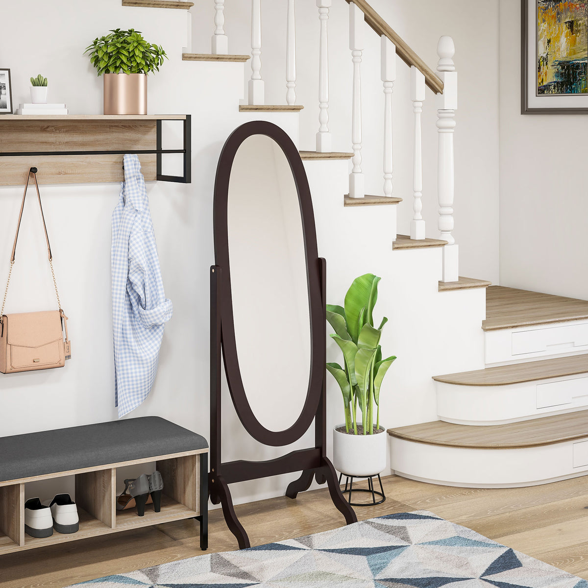 Oval Full Length Standing Mirror, Coffee Frame