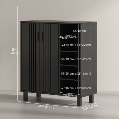 17 Pair Shoe Storage Cabinet with Double Doors and Open Shelves, Black