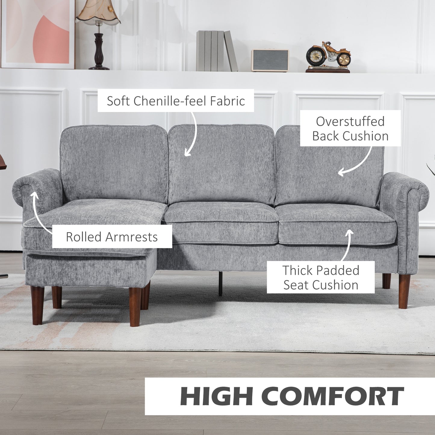 L-Shaped Sectional Sofa with Reversible Chaise Lounge, Grey