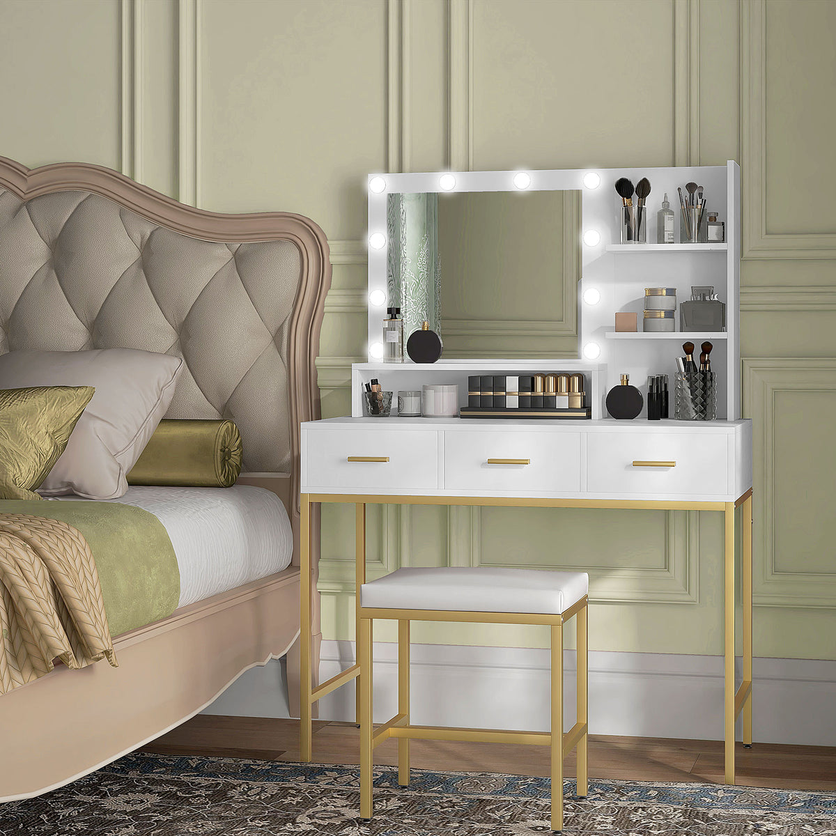 LED Vanity Table with Mirror, Drawers, and Shelves, White