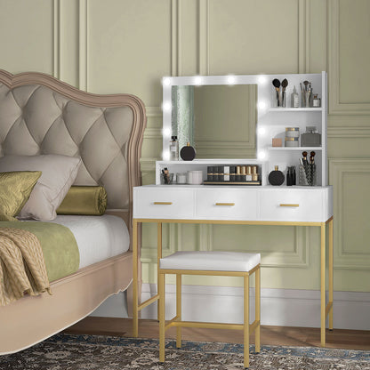 LED Vanity Table with Mirror, Drawers, and Shelves, White