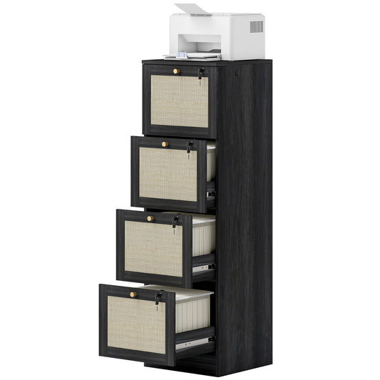 4 Drawer Filing Cabinet with Lock, Boho File Cabinet for A4 Letter Size Files with Decorative Rattan Accents, Black