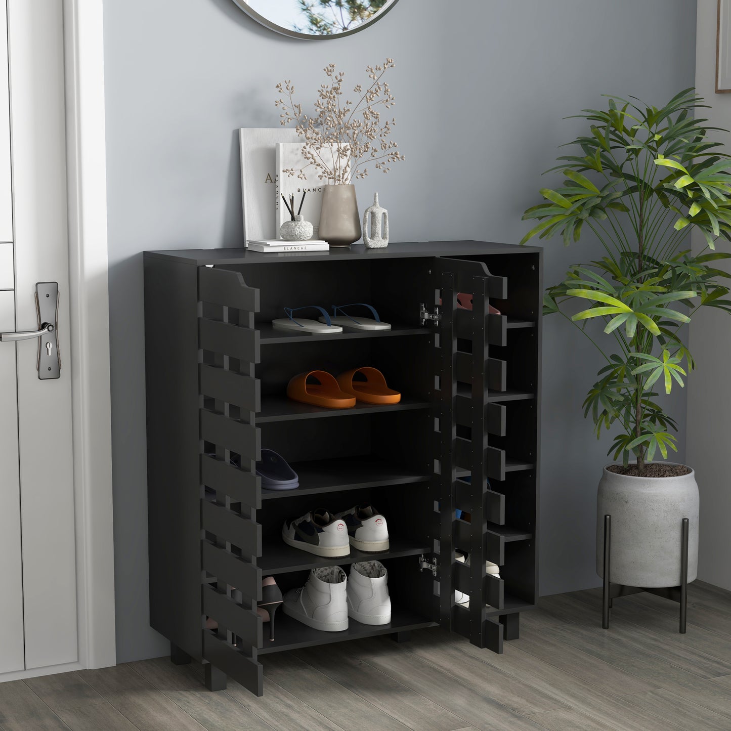21 Pair Shoe Storage Cabinet with Double Doors and Open Shelves, Black