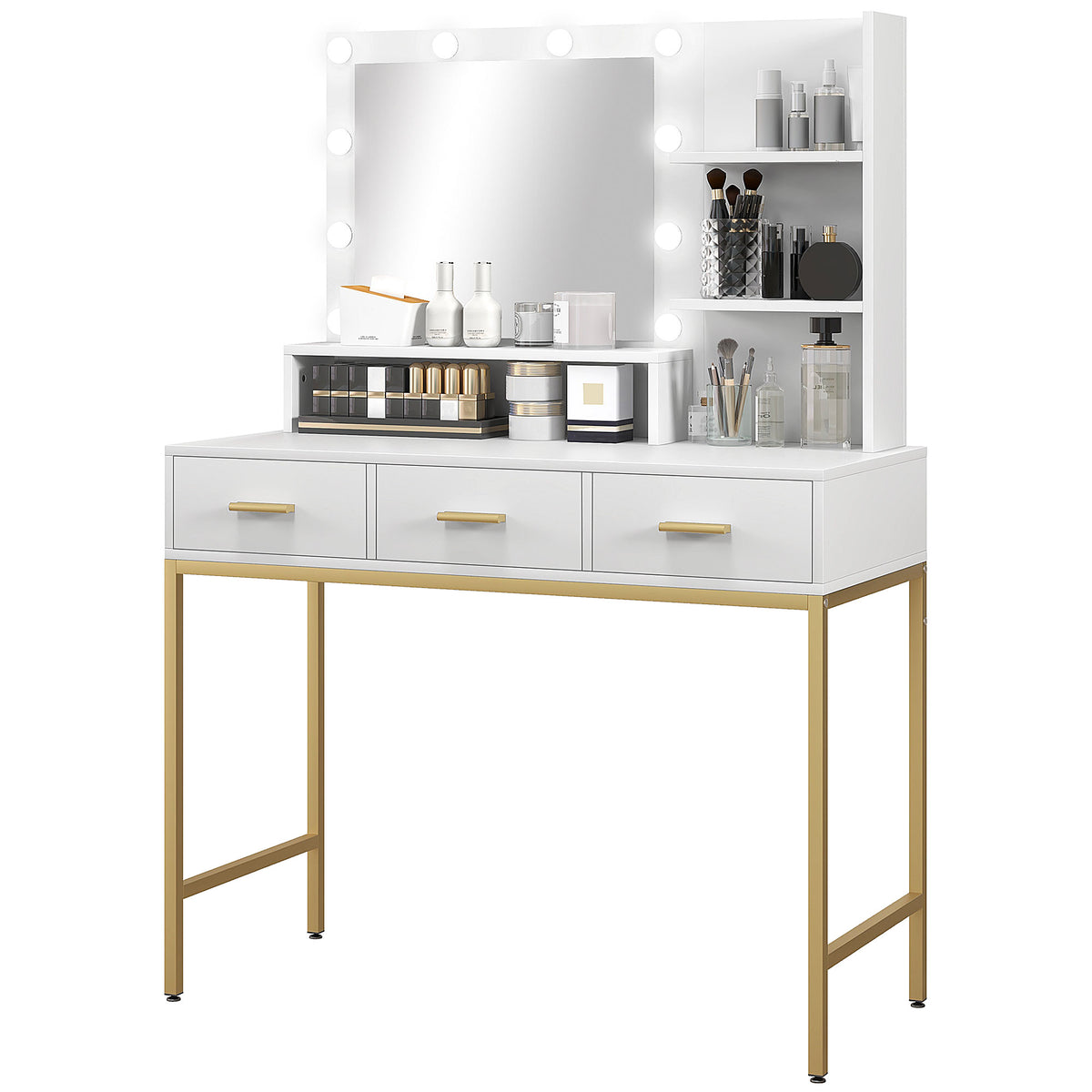 LED Vanity Table with Mirror, Drawers, and Shelves, White