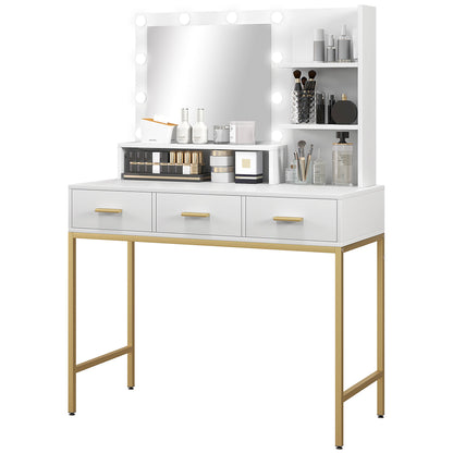 LED Vanity Table with Mirror, Drawers, and Shelves, White