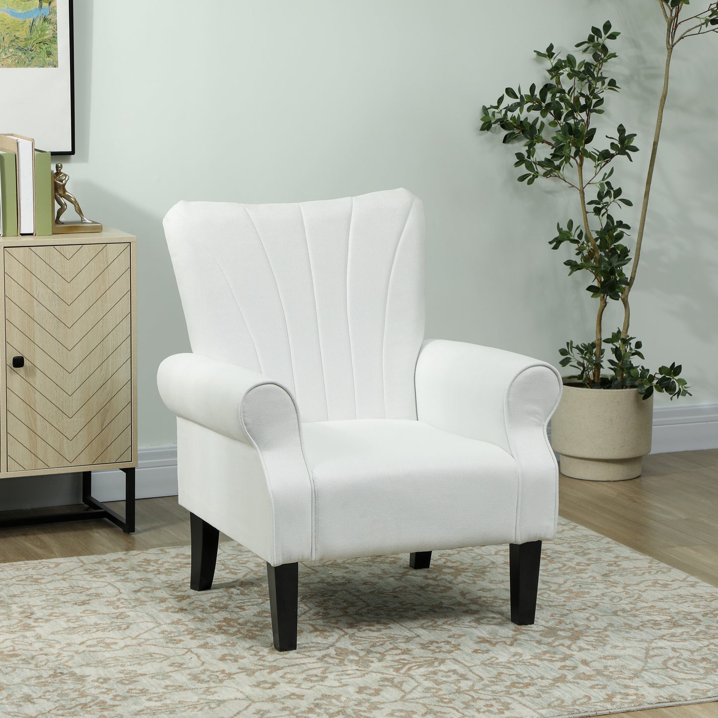 Fabric Wingback Accent Chair with Wood Legs, Cream White