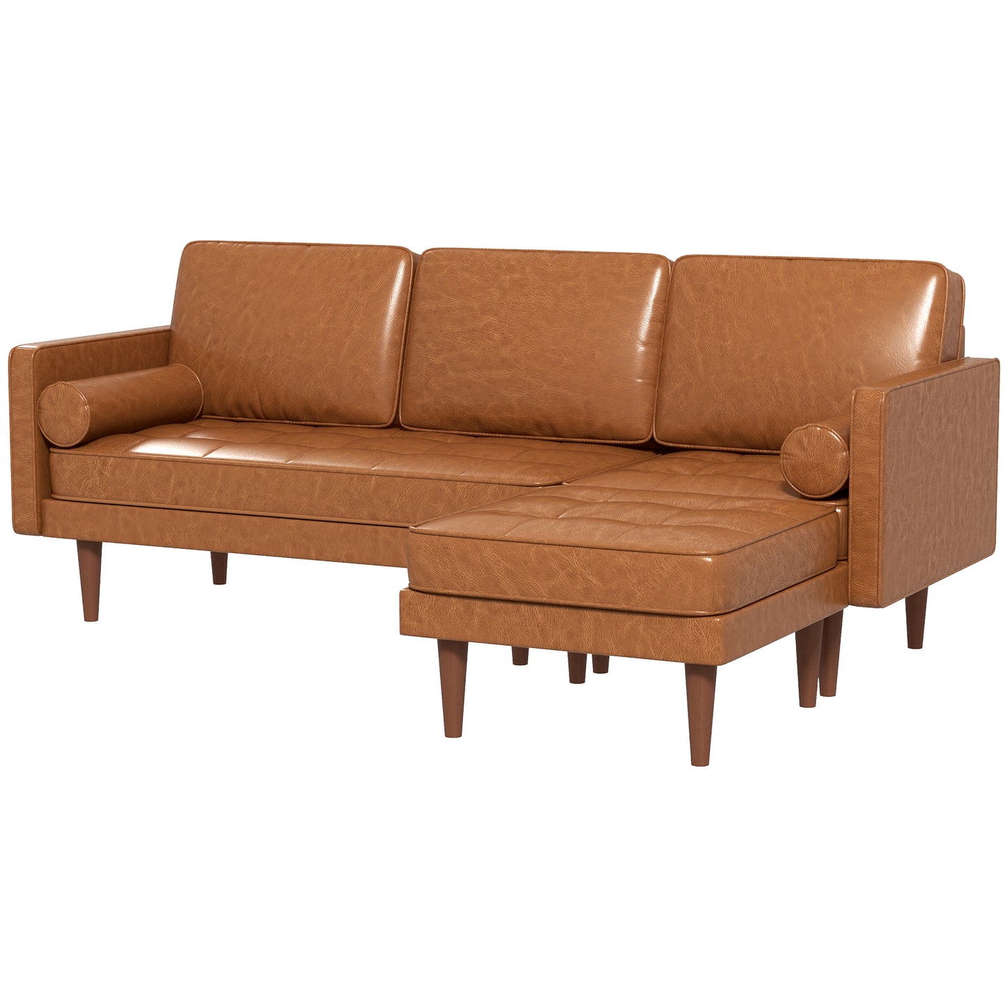 Faux Leather L-Shaped Sectional Sofa with Footstool and Pillows, Brown