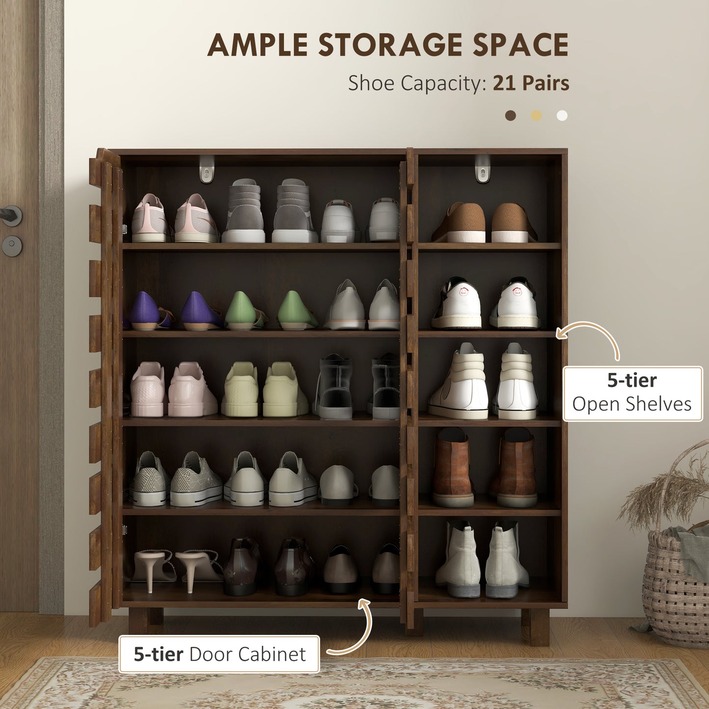21 Pair Shoe Storage Cabinet with Double Doors and Open Shelves, Brown