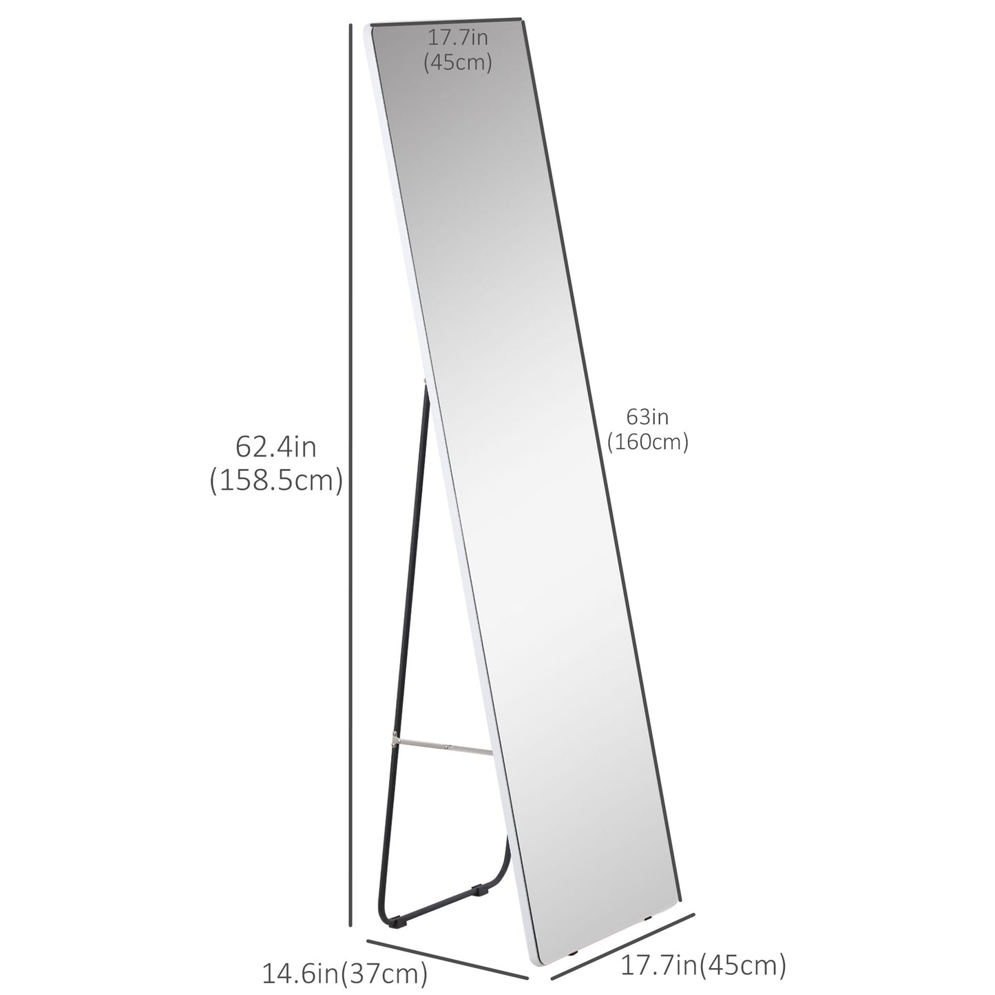Full Length Rectangular Mirror with Silver Frame, 63" x 18", Multi-Position Design