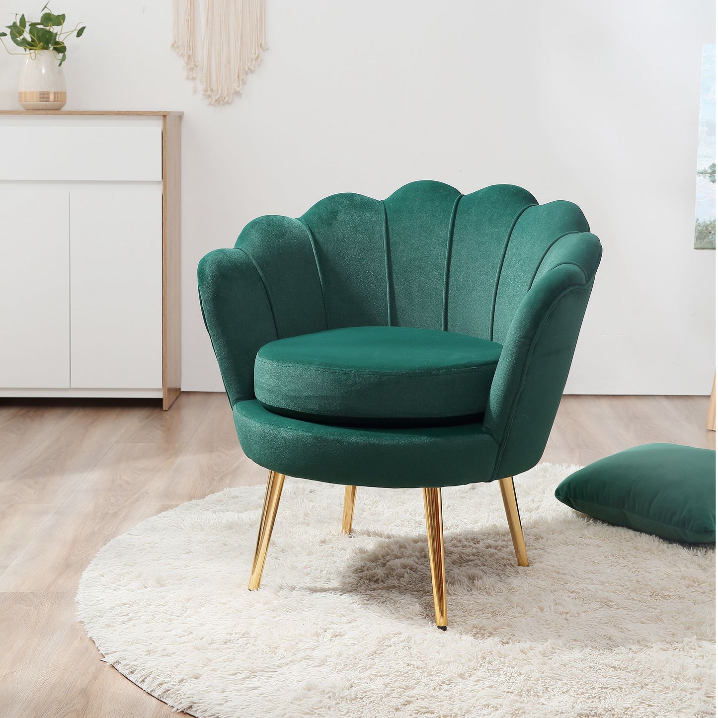 Modern Velvet Accent Chair with Lotus Backrest and Gold Legs, Dark Green