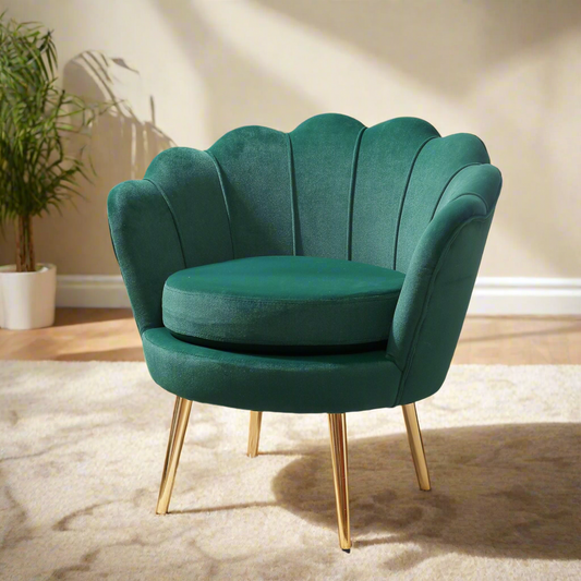 Modern Velvet Accent Chair with Lotus Backrest and Gold Legs, Dark Green