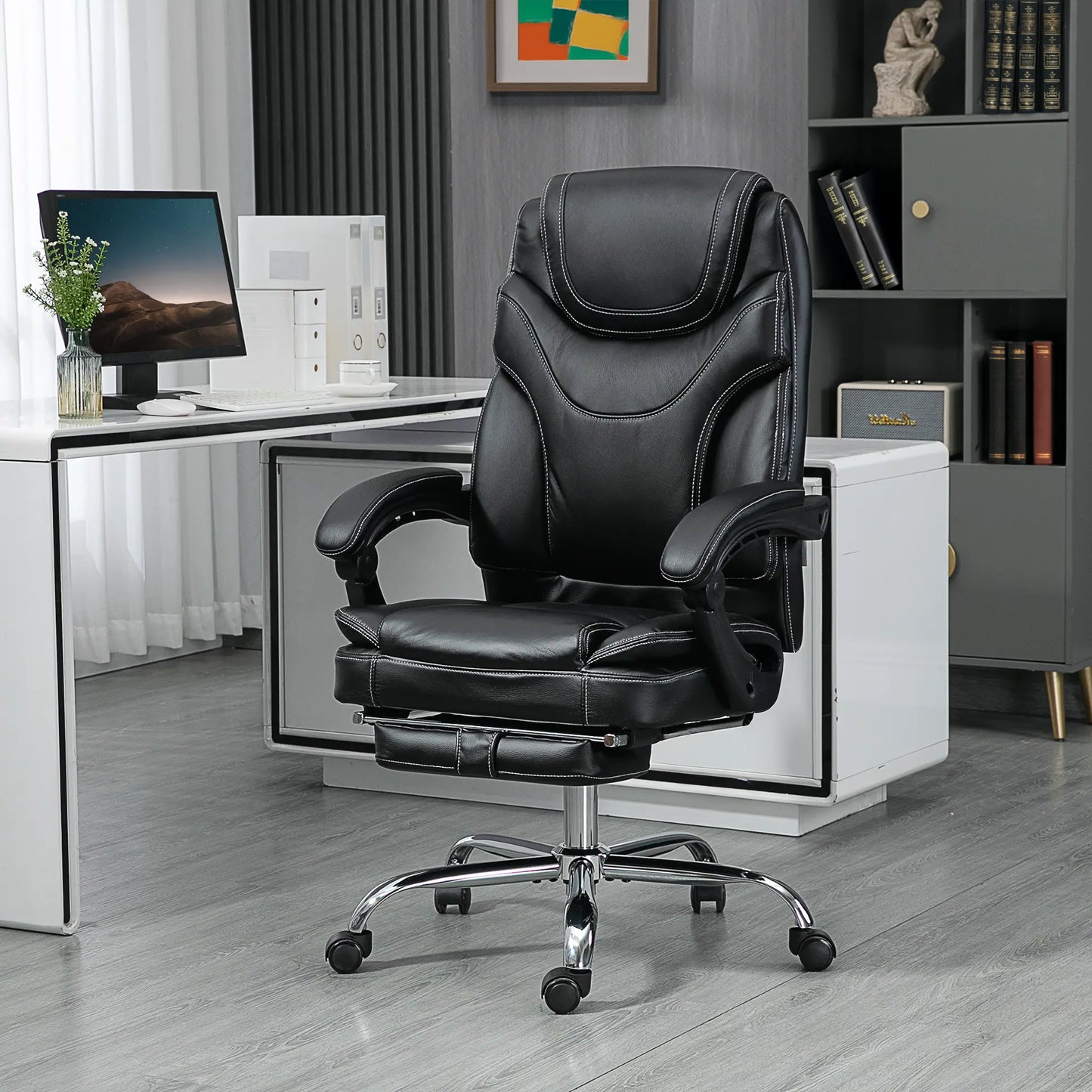 6-Point Vibration Massage Office Chair with Heating and Footrest, Black
