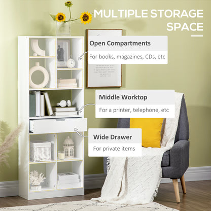 Tall Bookshelf with Drawer and Wide Worktop, White