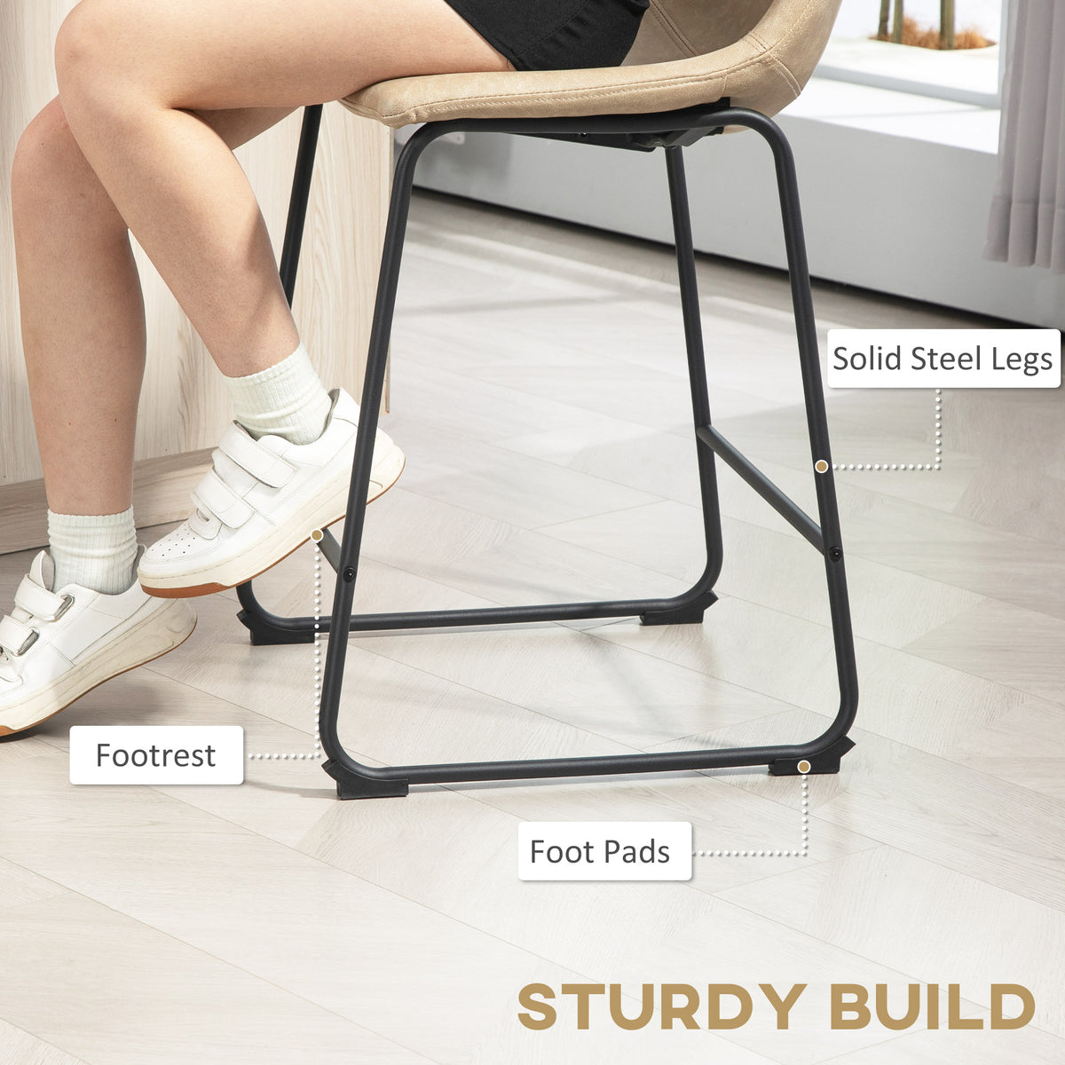 Counter-Height Bar Stools with PU Leather Upholstery and Footrest, Beige (Set of 2)