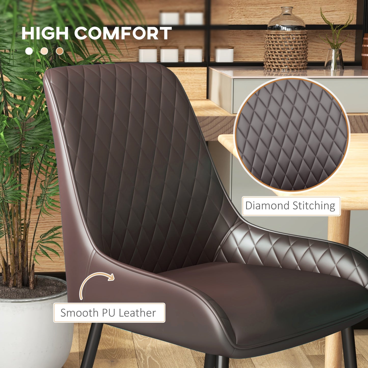 PU Leather Dining Chairs with Diamond Tufting and Metal Legs, Brown (Set of 4)