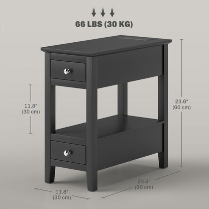 Narrow Side Table with Built-in Charging Station and USB Ports, Black