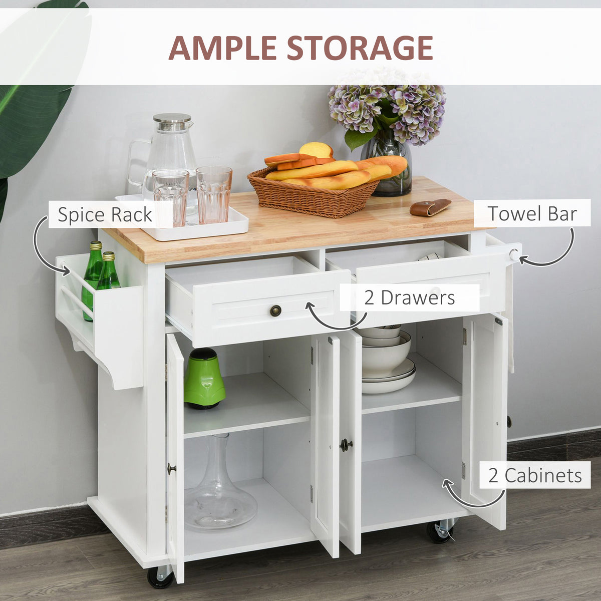 Rolling Kitchen Trolley with Rubber Wood Top and Spice Rack and Towel Rack, Grey