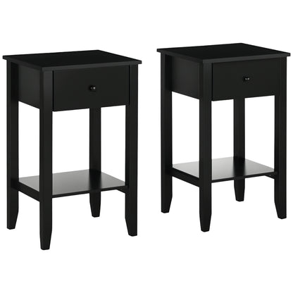2-Tier Side Tables with Drawer and Shelf, Black (Set of 2)