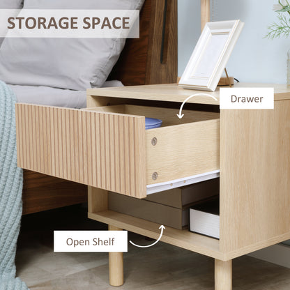 Modern Bedside Table with Drawer and Open Shelf, Natural Wood