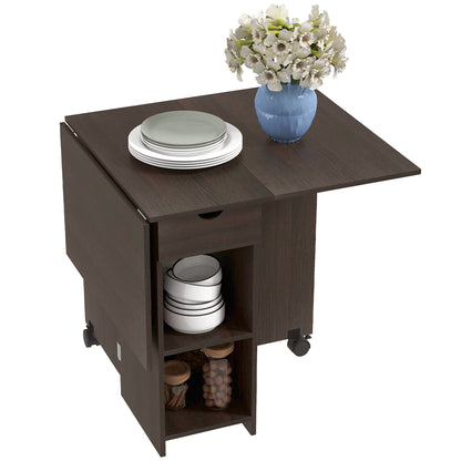Folding Dining Table with Drawer and Storage Shelves - Dark Brown