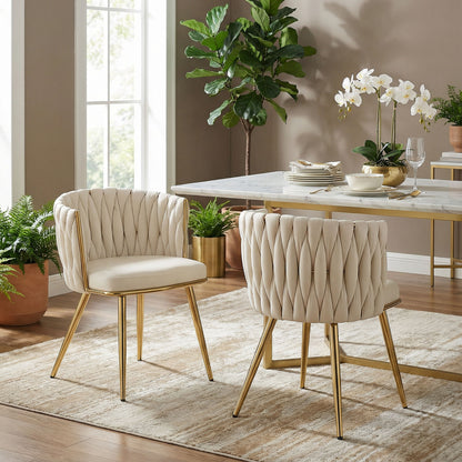 Upholstered Dining Chairs with Woven Backrest, Cream White (Set of 2)