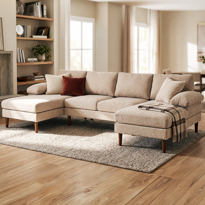 U-Shaped Sectional Sofa with Double Chaise Lounge, Beige