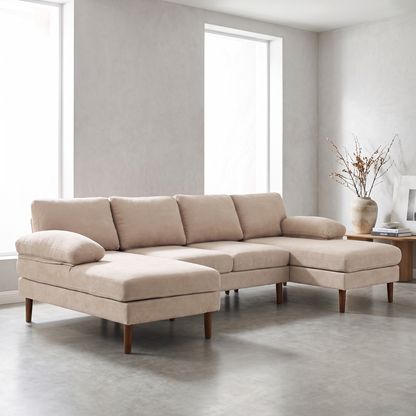 U-Shaped Sectional Sofa with Double Chaise Lounge, Beige