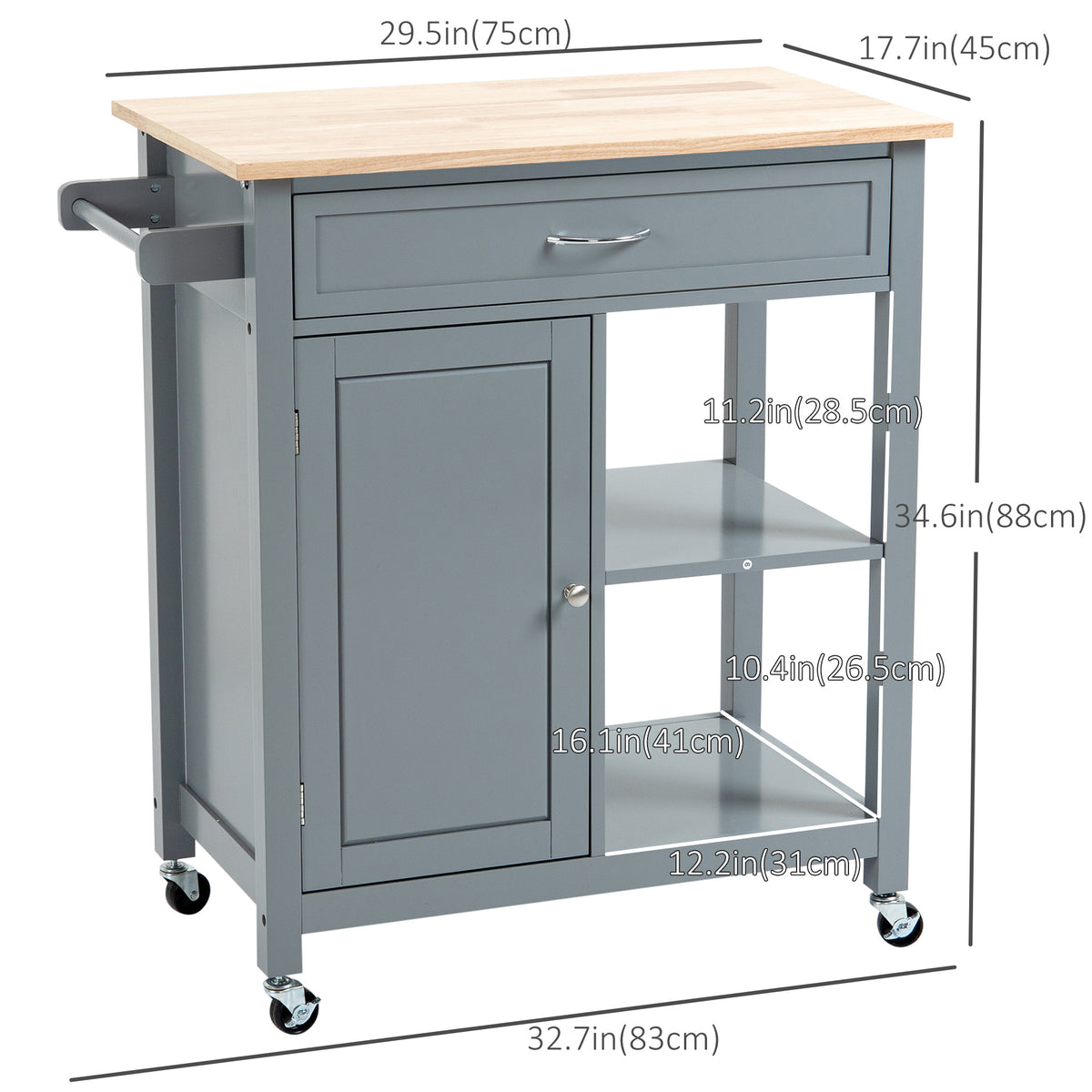Rolling Kitchen Island Cart with Wood Top and Drawer, Grey