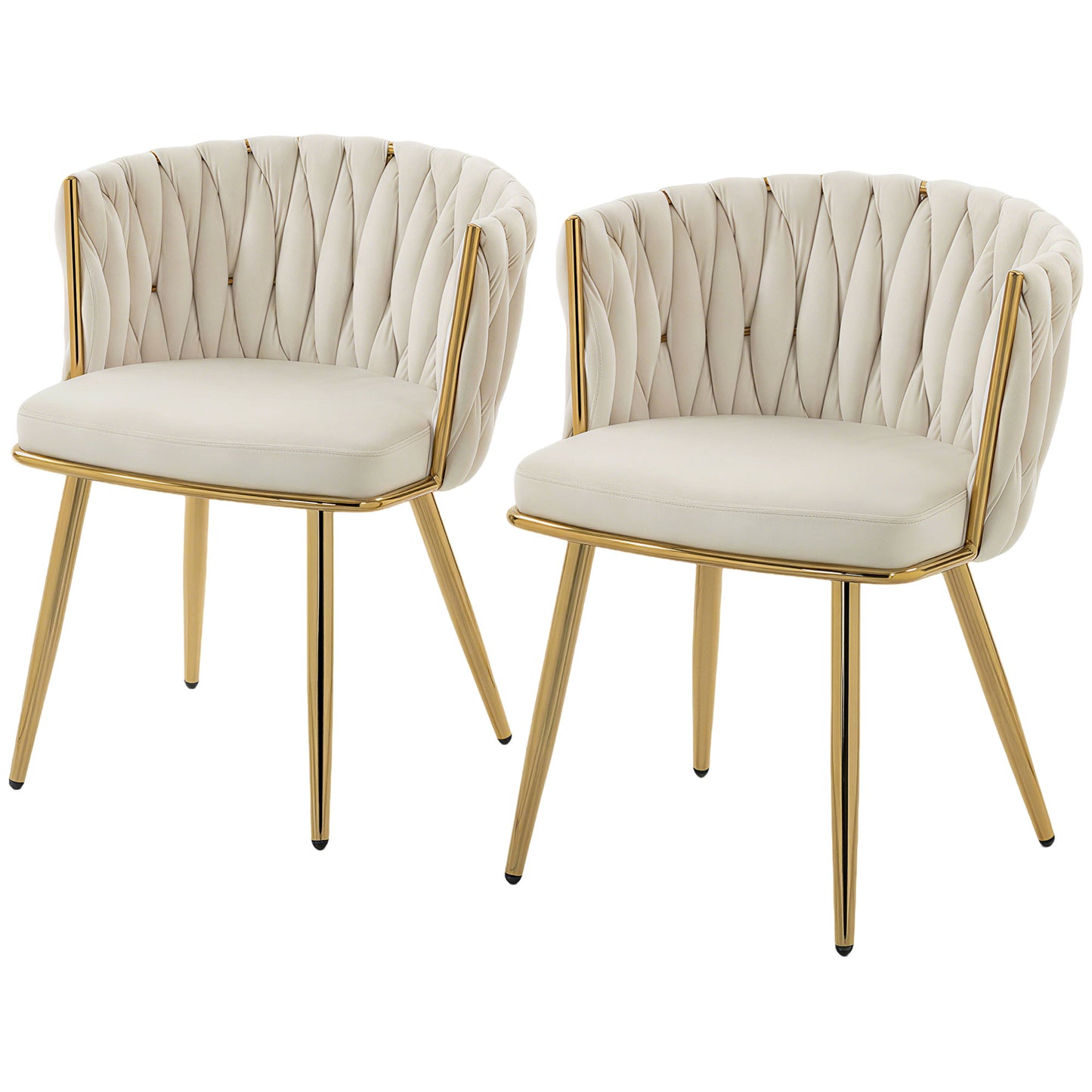 Upholstered Dining Chairs with Woven Backrest, Cream White (Set of 2)