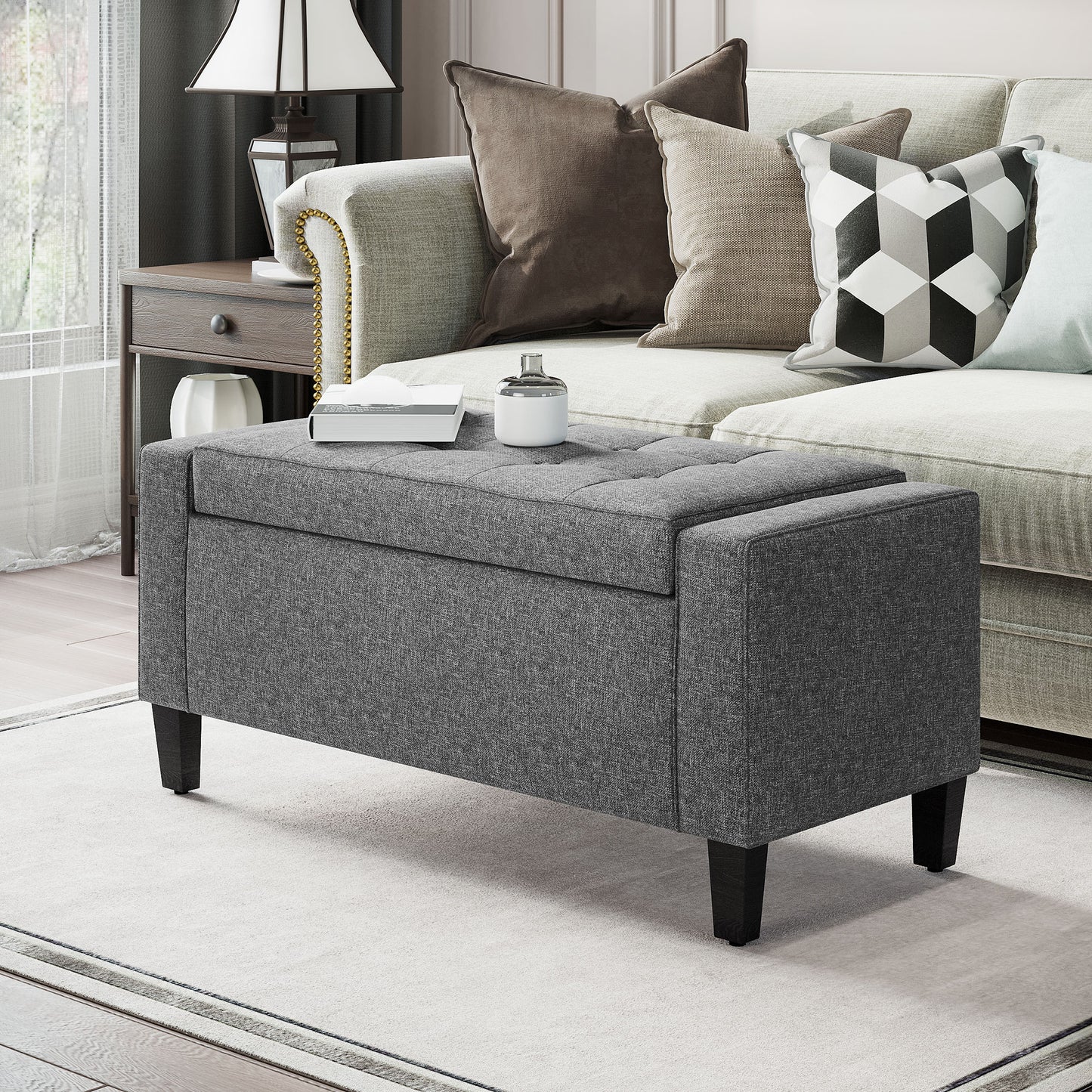 Linen-Touch Storage Ottoman Bench with Tufted Design, Gray