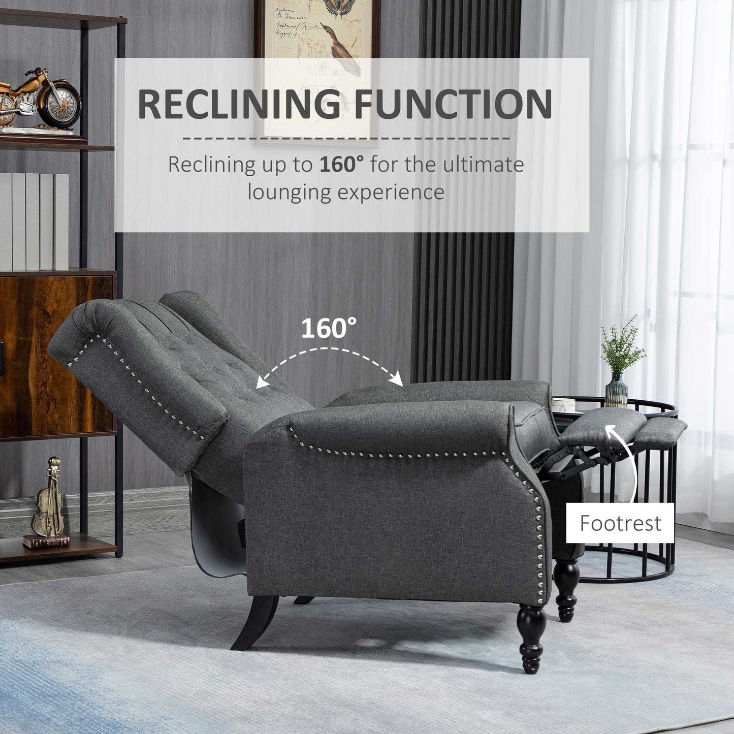 Manual Reclining Chair with Button Tufted Backrest, Dark Grey