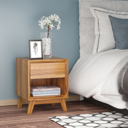 Compact Bedside Table with Drawer and Open Shelf, Walnut Brown