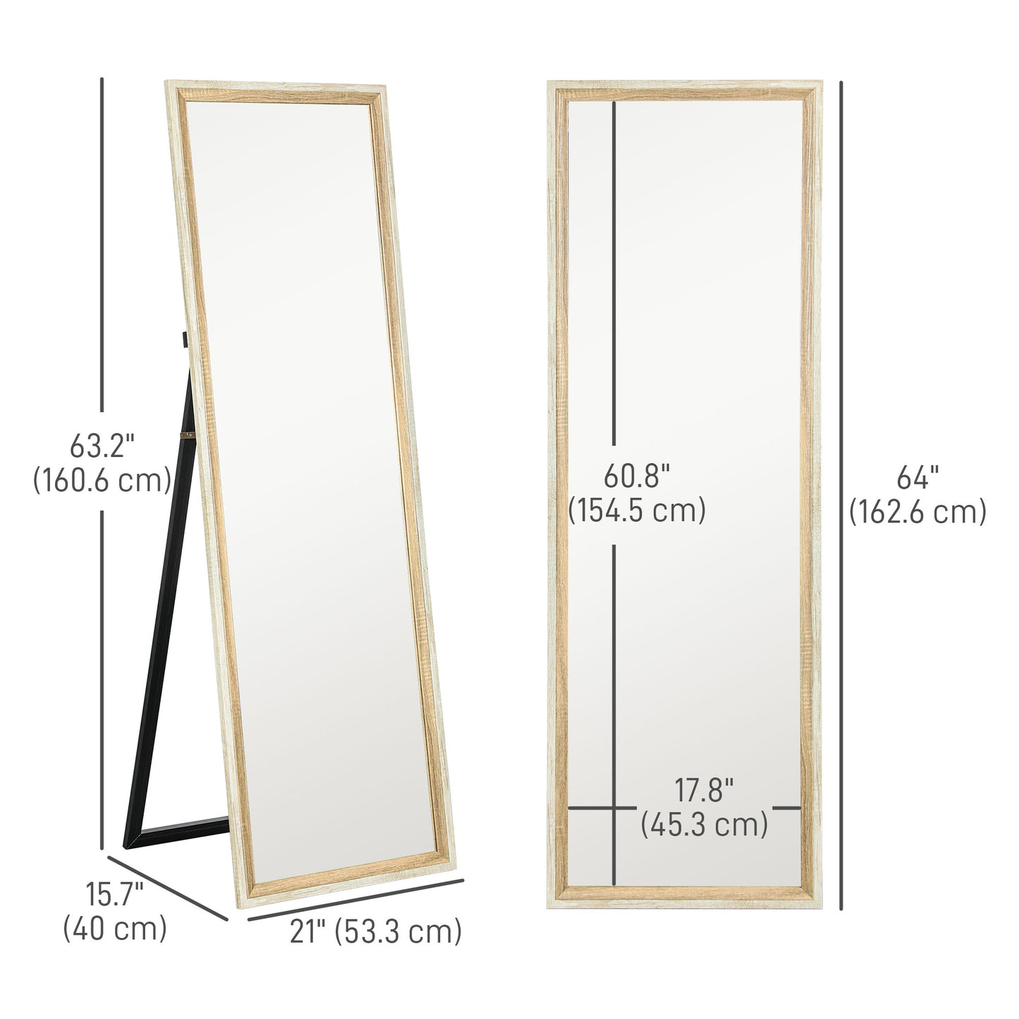 Full Length Floor Mirror with Dark Wood Grain Frame, 64" x 21", Multi-Position Design