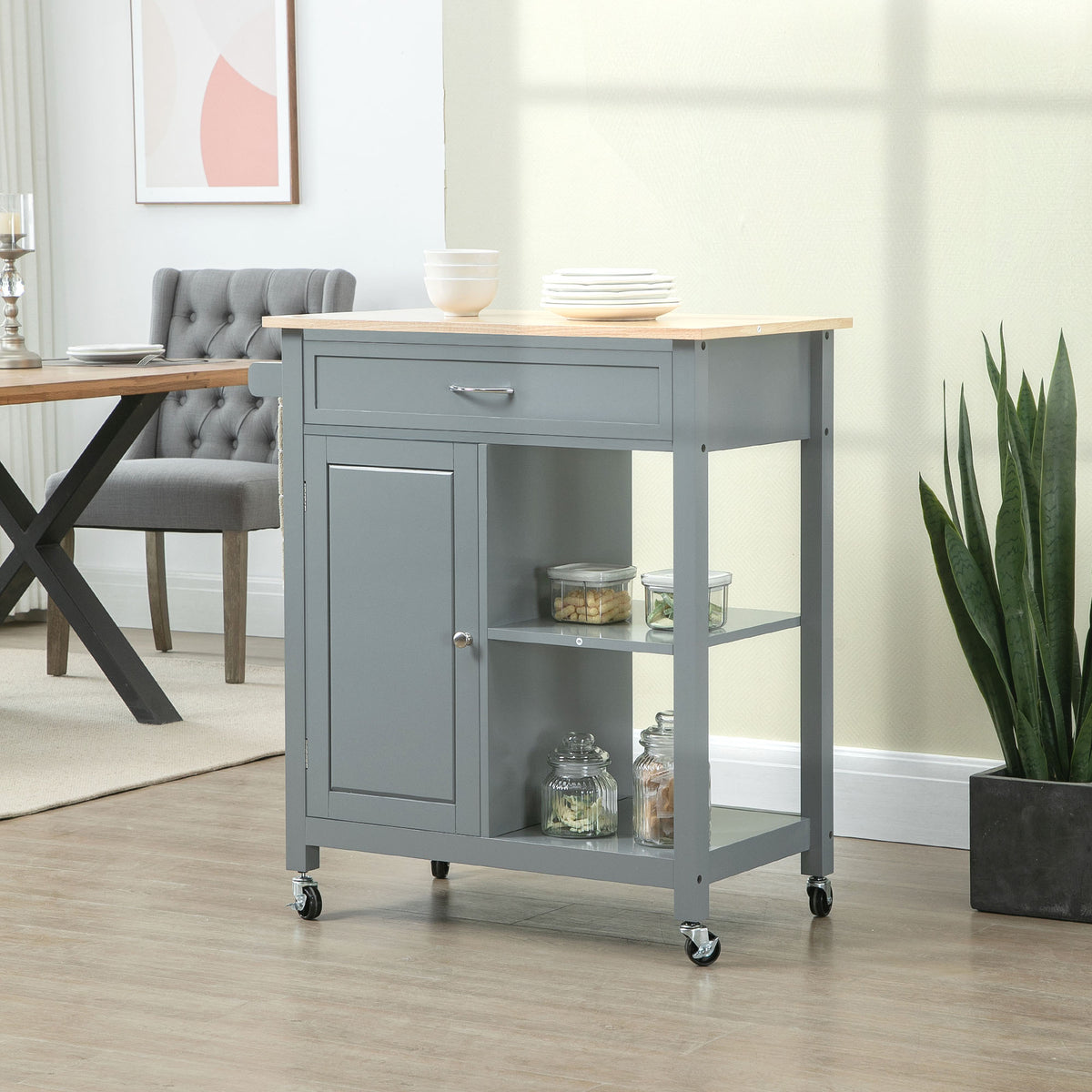 Rolling Kitchen Island Cart with Wood Top and Drawer, Grey