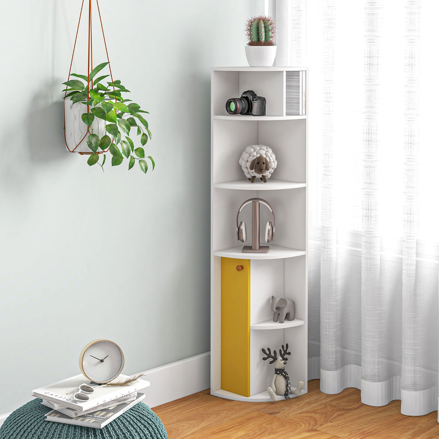 5-Tier Corner Bookcase with Cabinet, White