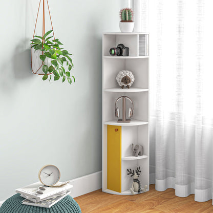 5-Tier Corner Bookcase with Cabinet, White
