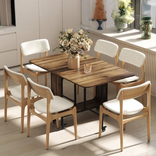 Folding Dining Table with Storage Shelf and 6 Wheels - Light Brown