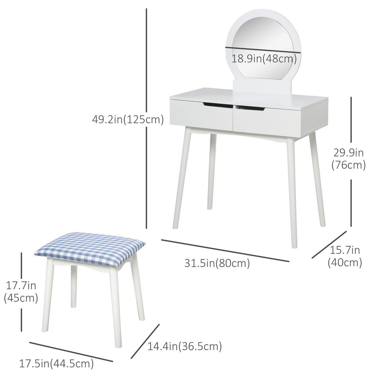 Makeup Vanity Desk with Round Mirror and Stool, White