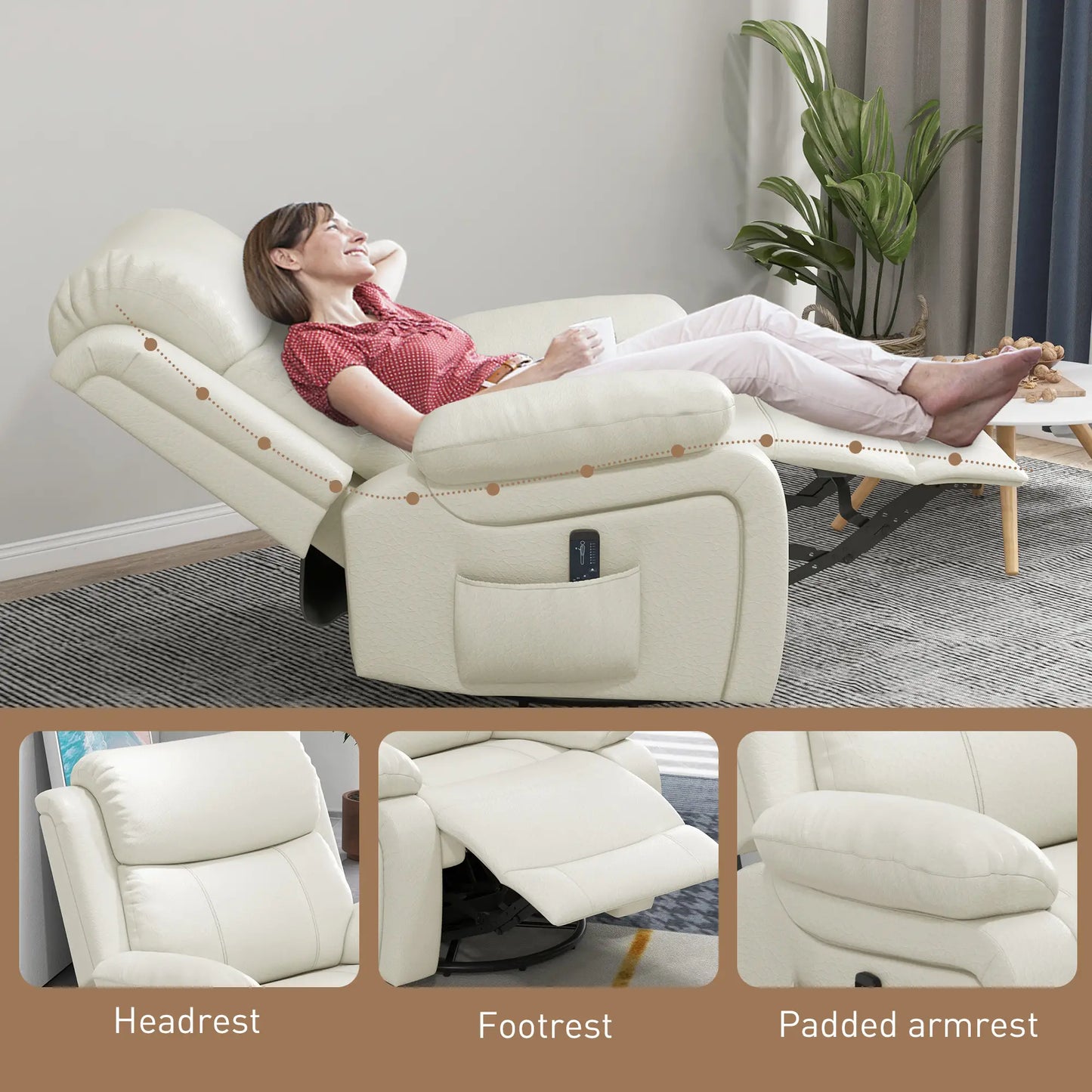 PU Leather Massage Recliner Chair with Swivel Base, Cream White