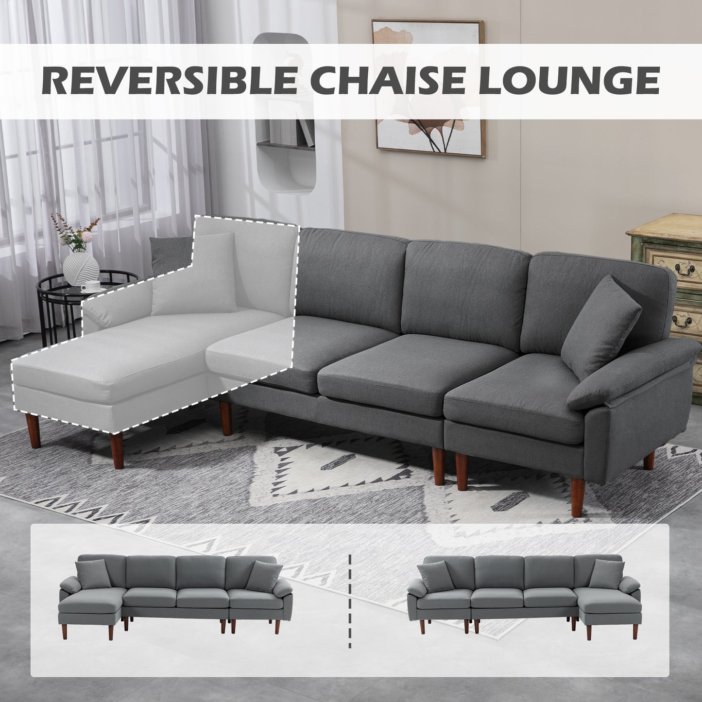 L-Shaped Sectional Sofa with Reversible Chaise and Pillows, Dark Grey