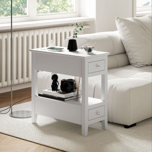 Narrow Side Table with Built-in Charging Station and USB Ports, White