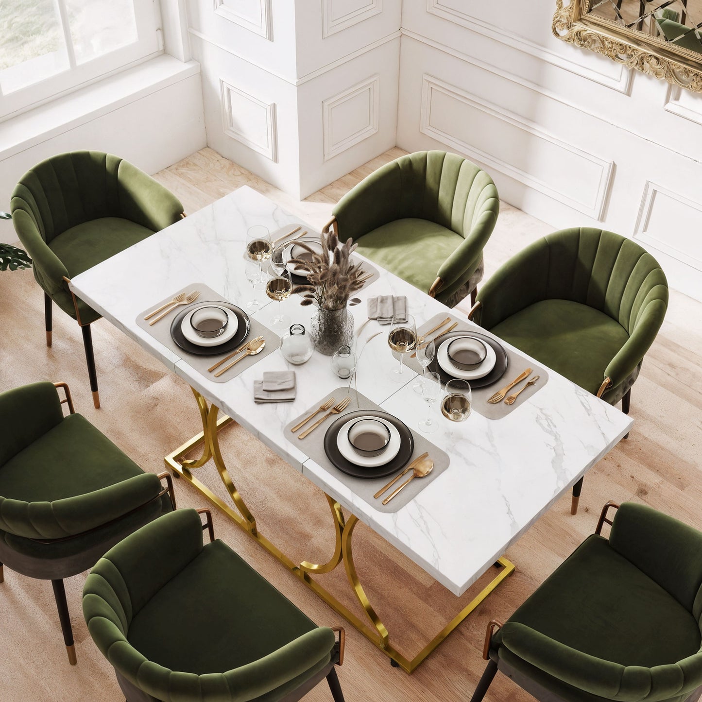 59" Dining Table with Marble Pattern and Metal Pedestal - White