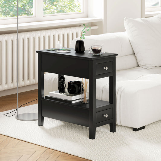 Narrow Side Table with Built-in Charging Station and USB Ports, Black